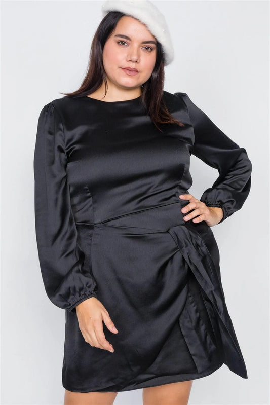 Junior Plus Size Black Silk Mock Wrap Square Neck Mini Dress /3-2-1 - Tasha Apparel Wholesale