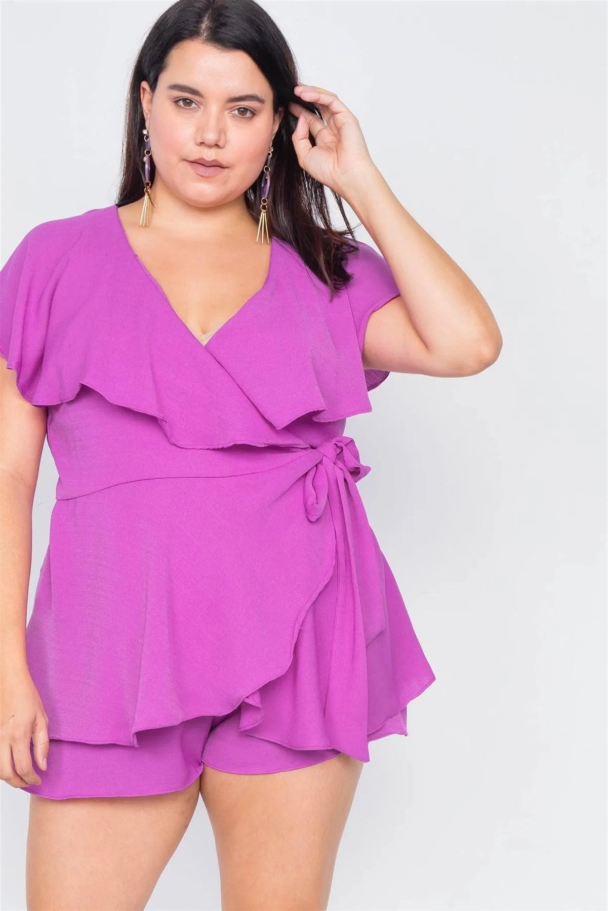 Plus Size Orchid Mock Wrap Flounce Shaw Mini Short Romper - Tasha Apparel Wholesale