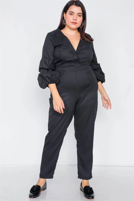 Plus Size Black V-Neck Puff Sleeve Straight Leg Jumpsuit - Tasha Apparel Wholesale