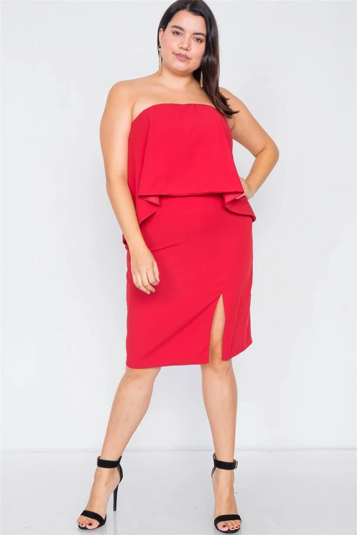 Junior Plus Size Lipstick Red Sleeveless Side Slit Mini Dress /3-2-1 - Tasha Apparel Wholesale