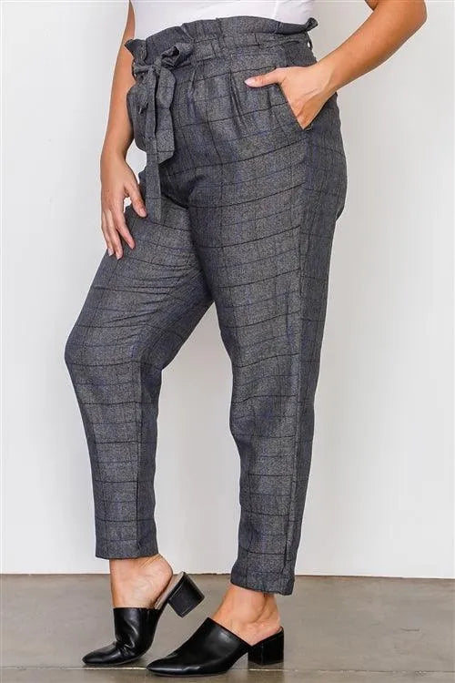 Plus Size Grey Plaid Print Frill Waist Belted Pants /1-2 - Tasha Apparel Wholesale