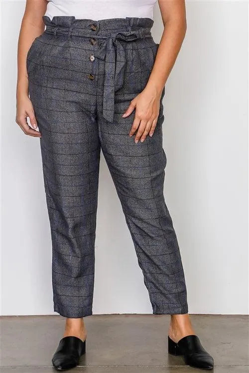 Plus Size Grey Plaid Print Frill Waist Belted Pants /1-2 - Tasha Apparel Wholesale