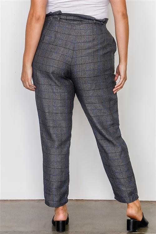Plus Size Grey Plaid Print Frill Waist Belted Pants /1-2
