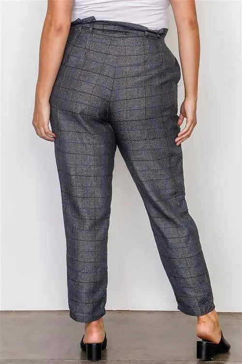 Plus Size Grey Plaid Print Frill Waist Belted Pants /1-2 - Tasha Apparel Wholesale