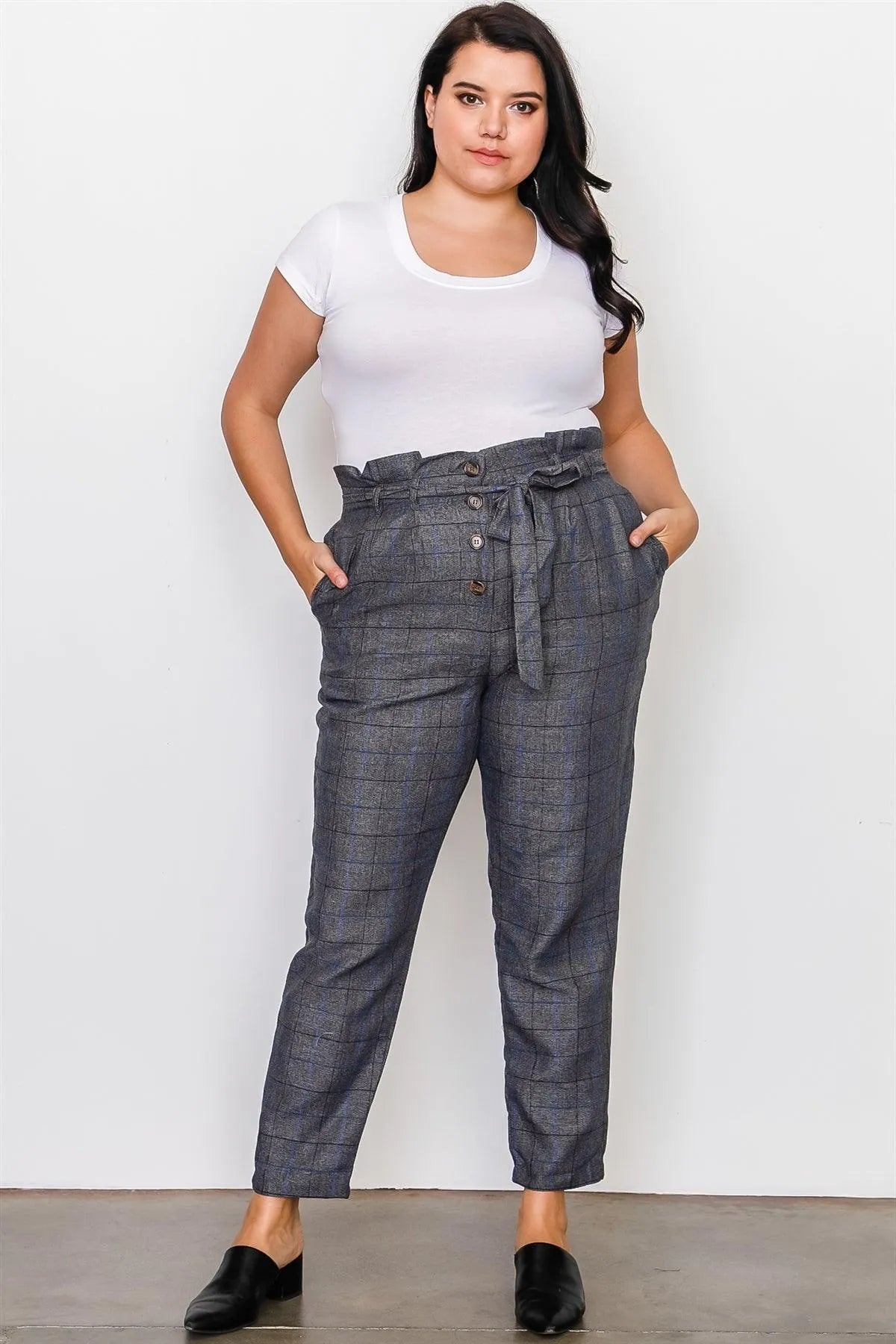 Junior Plus Size Grey Plaid Print Frill Waist Belted Pants /3-2-1 - Tasha Apparel Wholesale