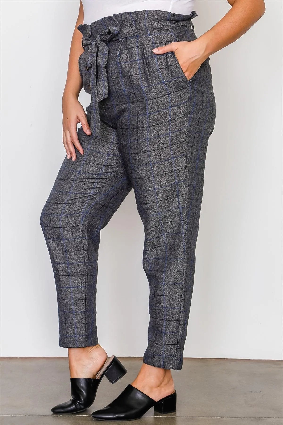 Junior Plus Size Grey Plaid Print Frill Waist Belted Pants /3-2-1 - Tasha Apparel Wholesale