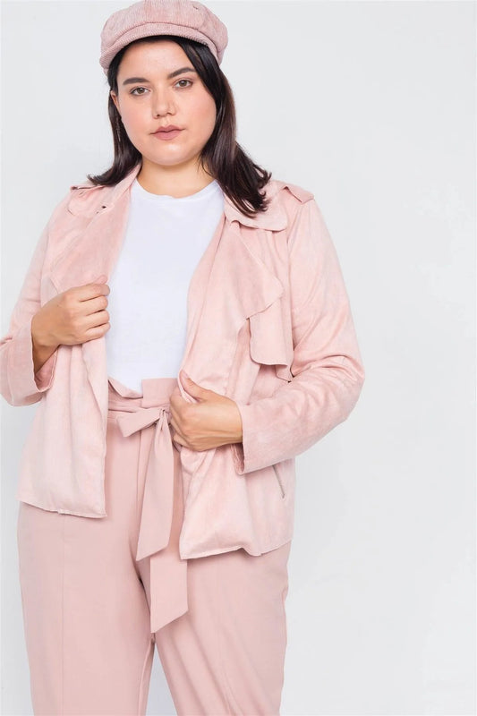 Plus Size Winter Blush Open Lapel Suede Raw Hem Pleated Sleeve Jacket - Tasha Apparel Wholesale