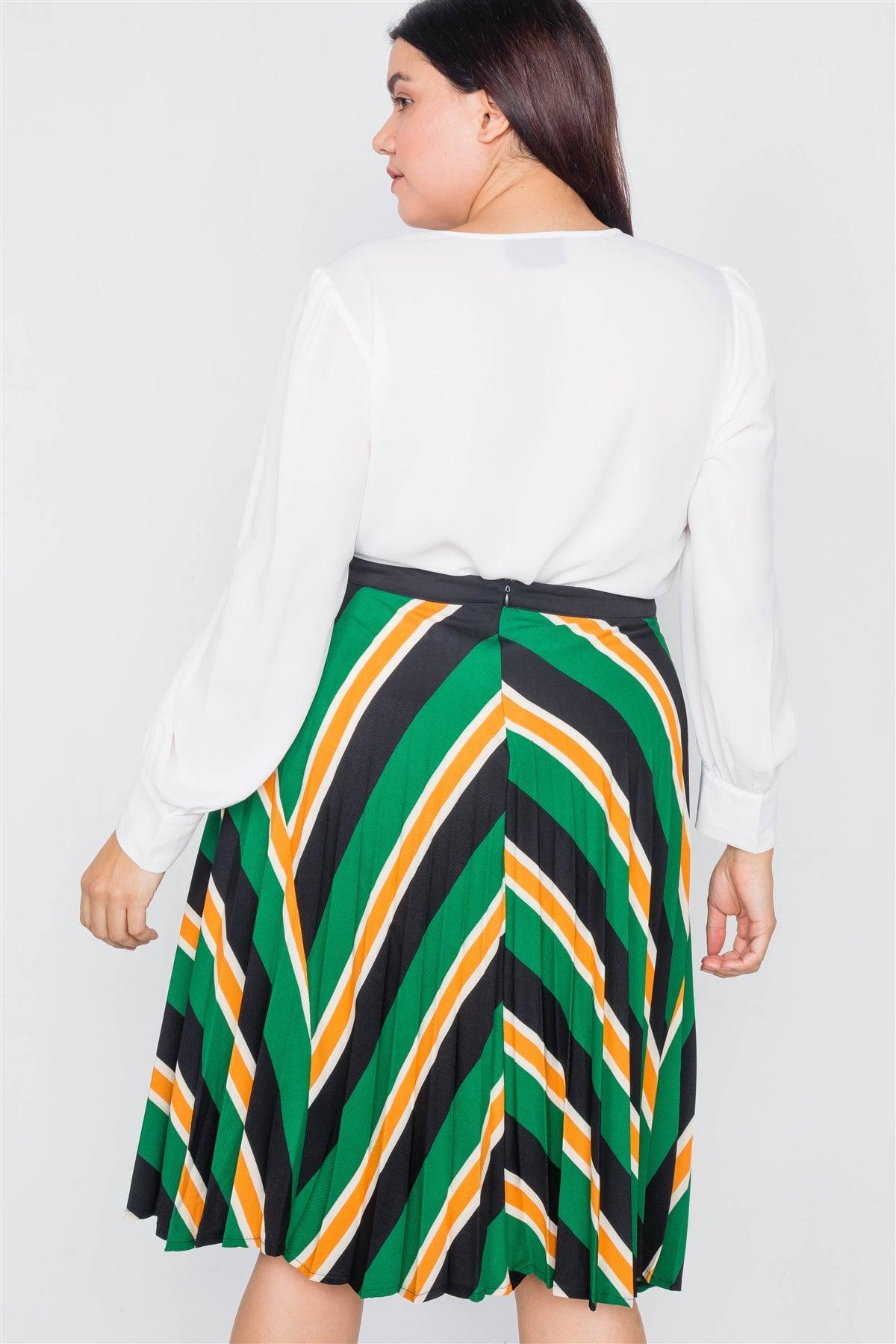 Junior Plus Size Retro Green Multi Stripe Pleated Midi Skirt / 3-2-1
