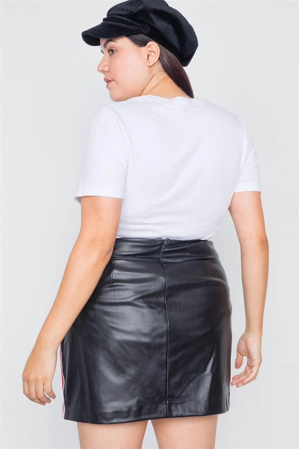 Junior Plus Size Black Color Block Trim Mini Leather Skirt /2-2-1 - Tasha Apparel Wholesale