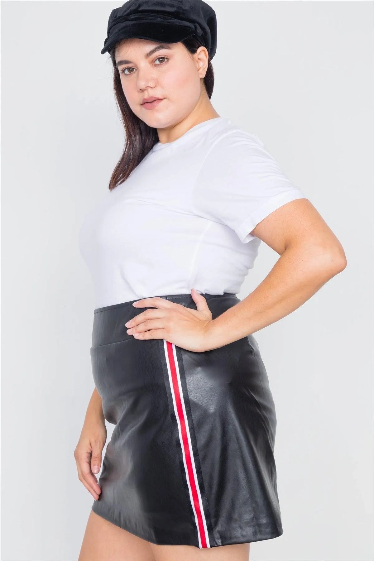 Junior Plus Size Black Color Block Trim Mini Leather Skirt /2-2-1 - Tasha Apparel Wholesale