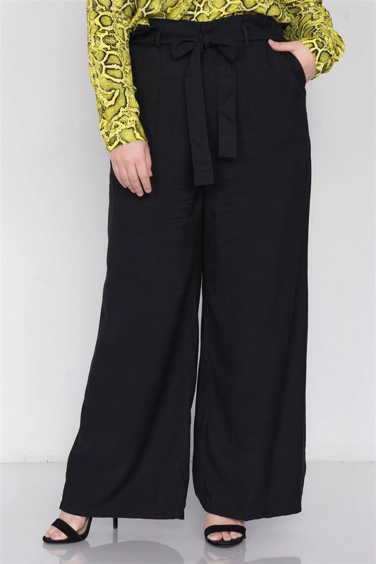 Plus Size Black Flounce Trim High-Waist Wide Leg Pant - Tasha Apparel Wholesale