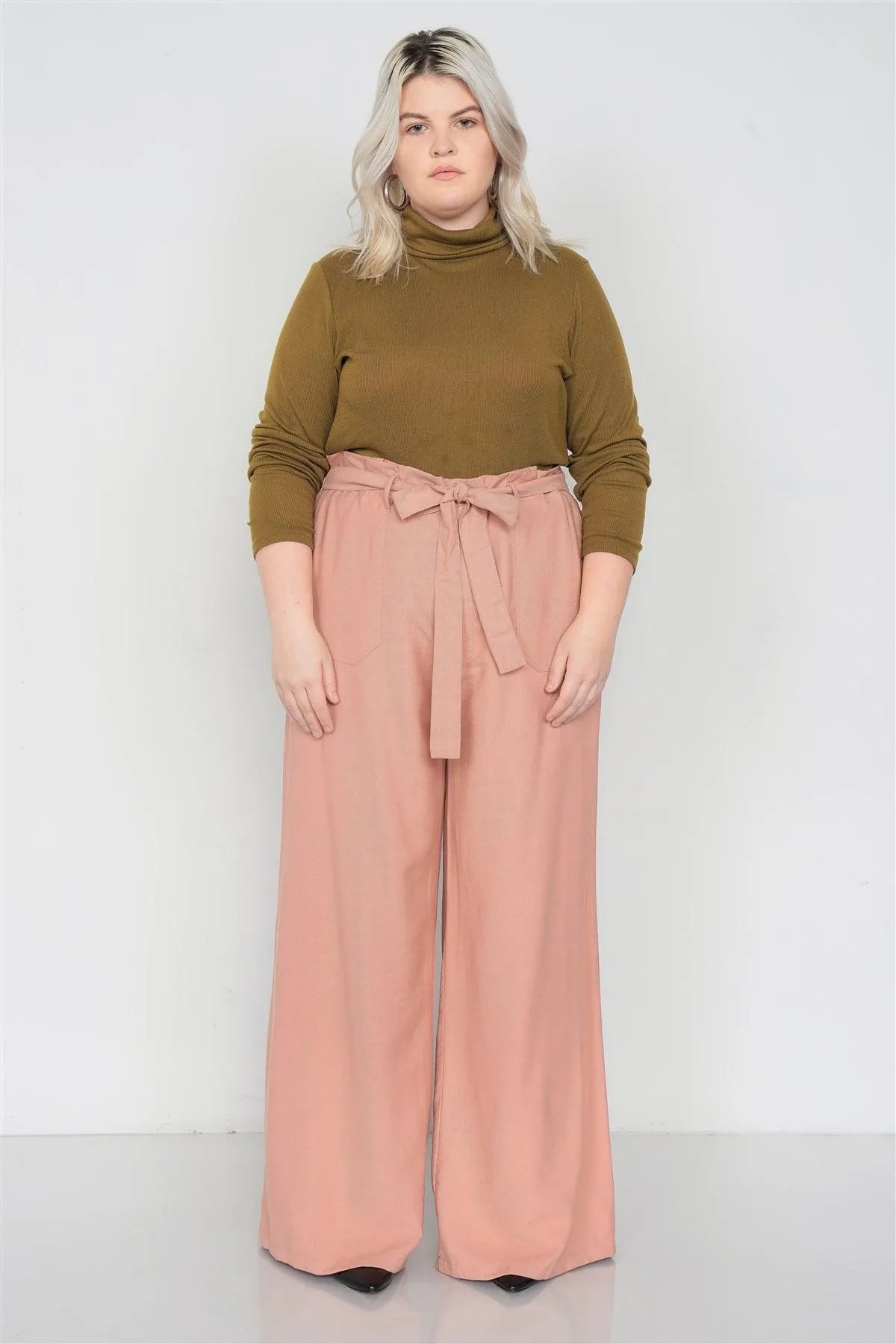 Plus Size Mauve Flounce Trim High-Waist Wide Leg Pant - Tasha Apparel Wholesale
