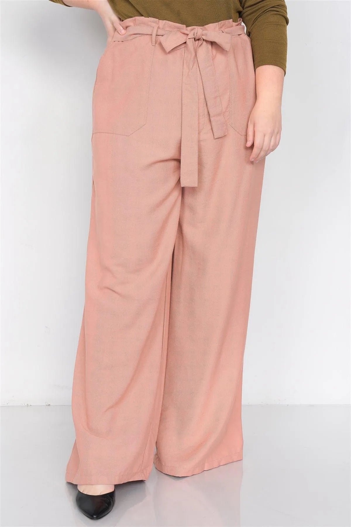 Plus Size Mauve Flounce Trim High-Waist Wide Leg Pant - Tasha Apparel Wholesale