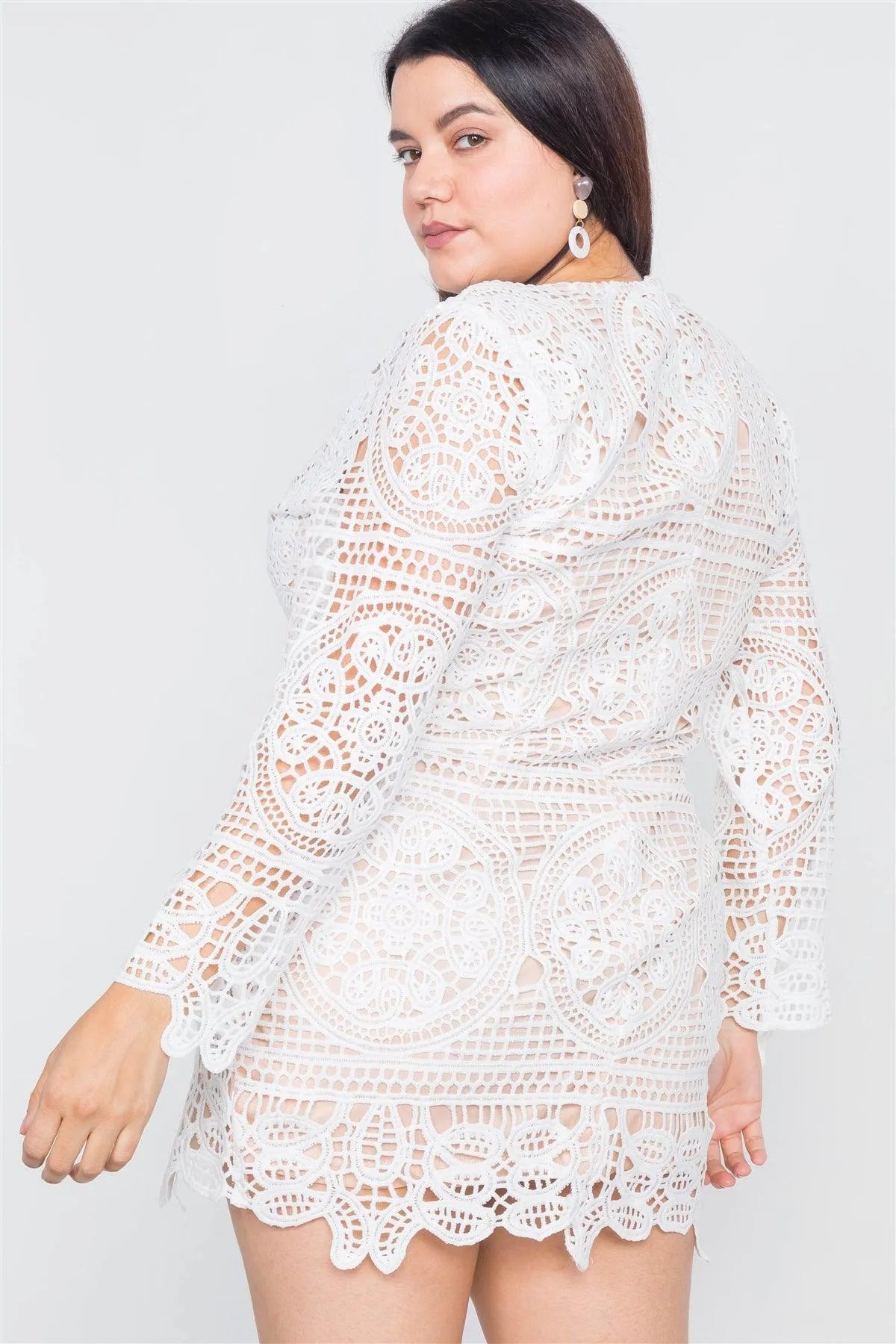 Plus Size Off-White Crochet Scallop Hem Mini Dress - Tasha Apparel Wholesale