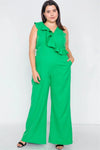 Junior Plus Size Green Flounce Surplus V-Neck Wide Leg Jumpsuit /3-2-1 - Tasha Apparel Wholesale