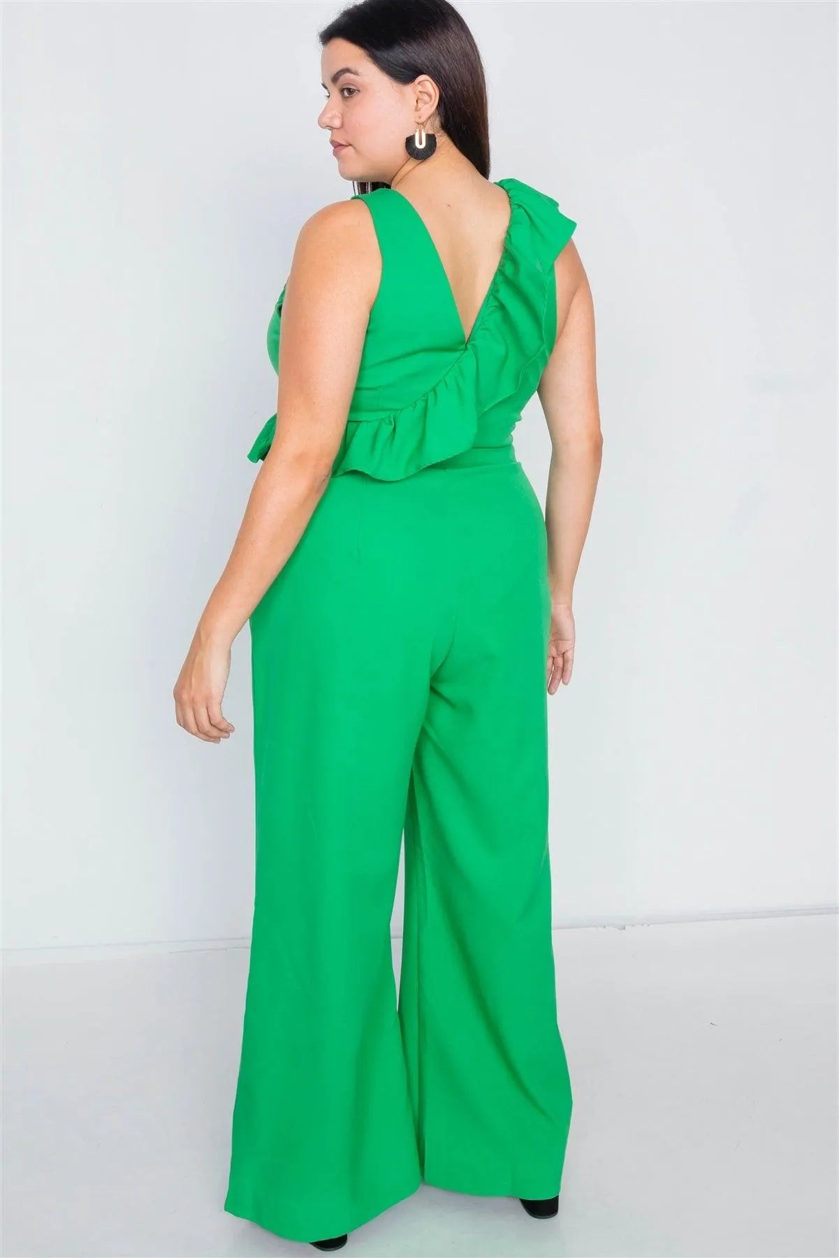 Junior Plus Size Green Flounce Surplus V-Neck Wide Leg Jumpsuit /3-2-1 - Tasha Apparel Wholesale