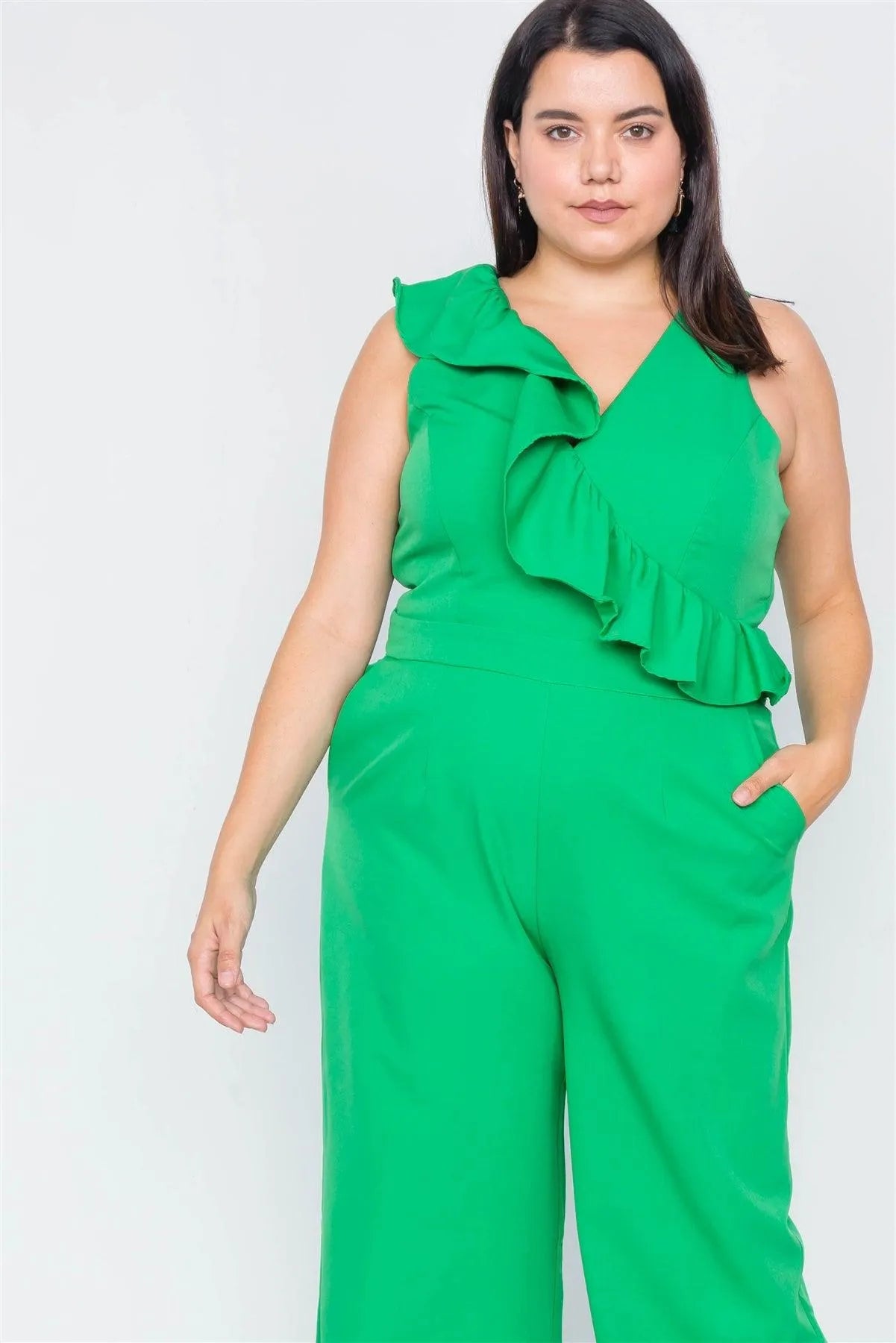 Junior Plus Size Green Flounce Surplus V-Neck Wide Leg Jumpsuit /3-2-1 - Tasha Apparel Wholesale