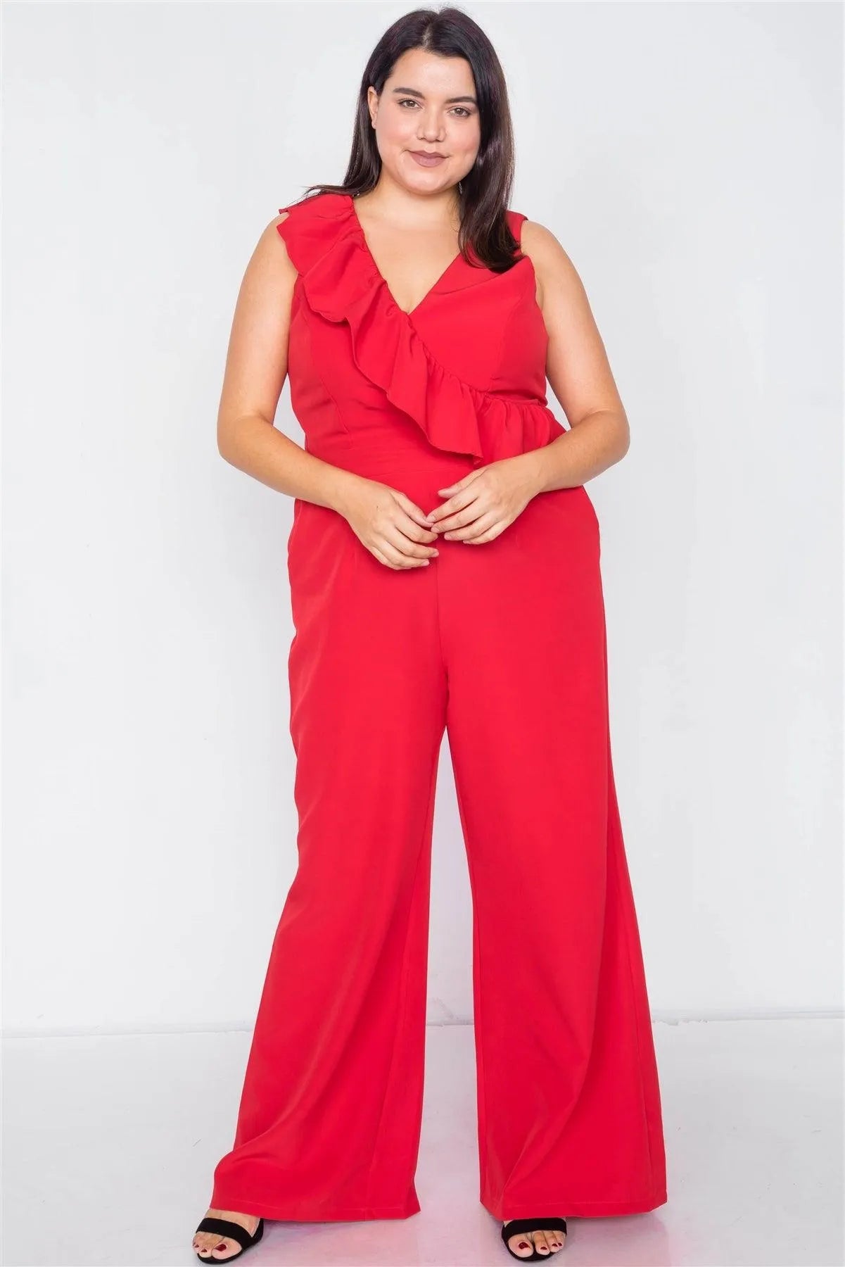 Plus Size Red Flounce Surplus V-Neck Wide Leg Jumpsuit /3-2-1 - Tasha Apparel Wholesale