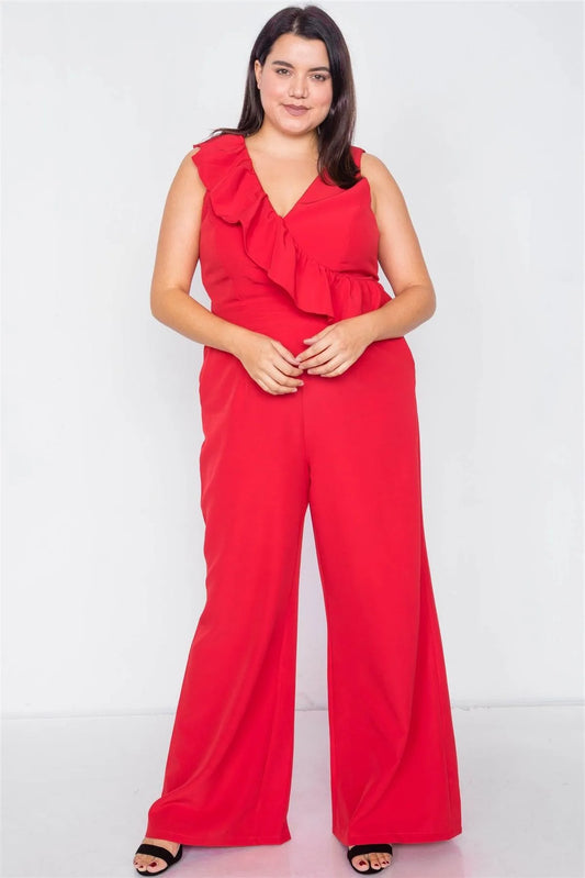 Plus Size Red Flounce Surplus V-Neck Wide Leg Jumpsuit /3-2-1 - Tasha Apparel Wholesale