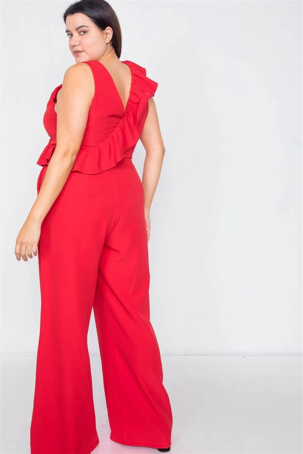 Plus Size Red Flounce Surplus V-Neck Wide Leg Jumpsuit /3-2-1 - Tasha Apparel Wholesale