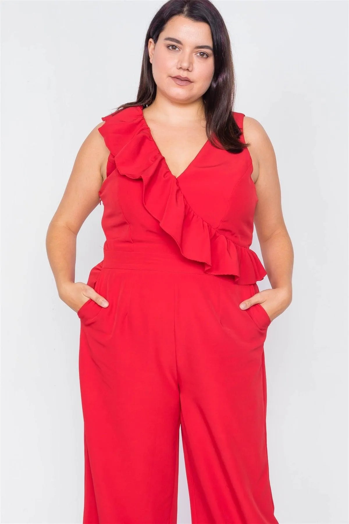 Plus Size Red Flounce Surplus V-Neck Wide Leg Jumpsuit /3-2-1 - Tasha Apparel Wholesale