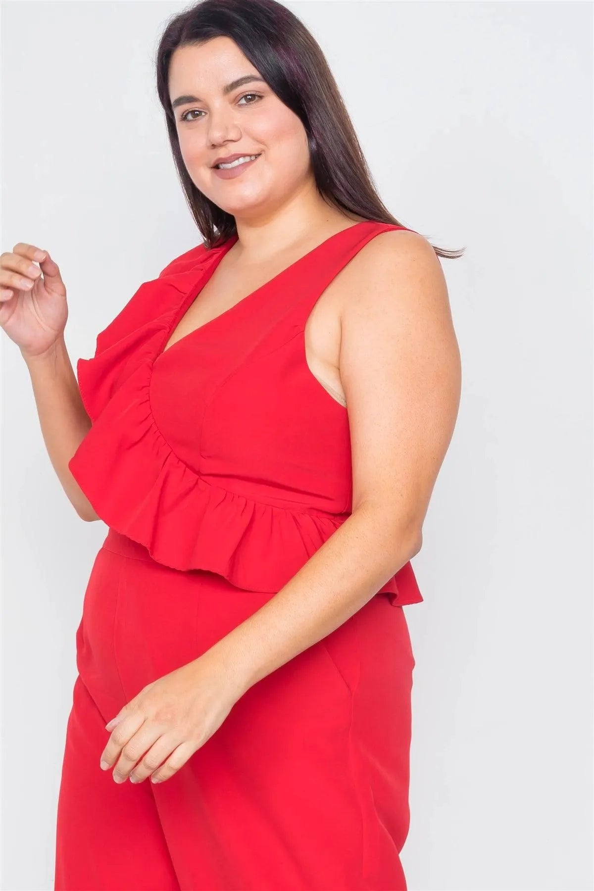 Plus Size Red Flounce Surplus V-Neck Wide Leg Jumpsuit /3-2-1 - Tasha Apparel Wholesale