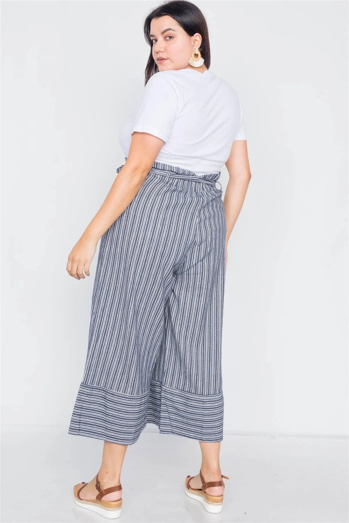 Plus Size Navy & White Stripes Gaucho Wide Leg Pants /3-2-1 - Tasha Apparel Wholesale