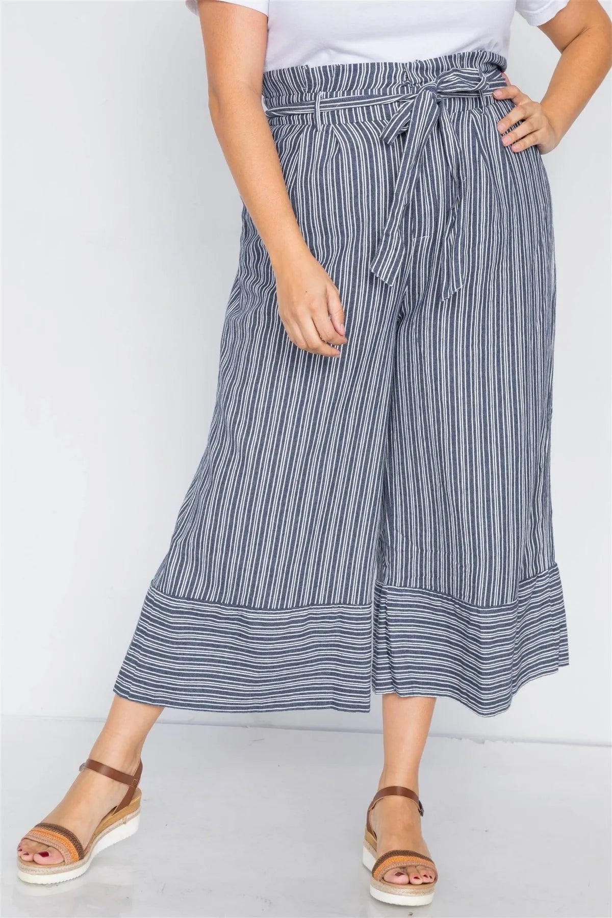 Plus Size Navy & White Stripes Gaucho Wide Leg Pants /3-2-1 - Tasha Apparel Wholesale