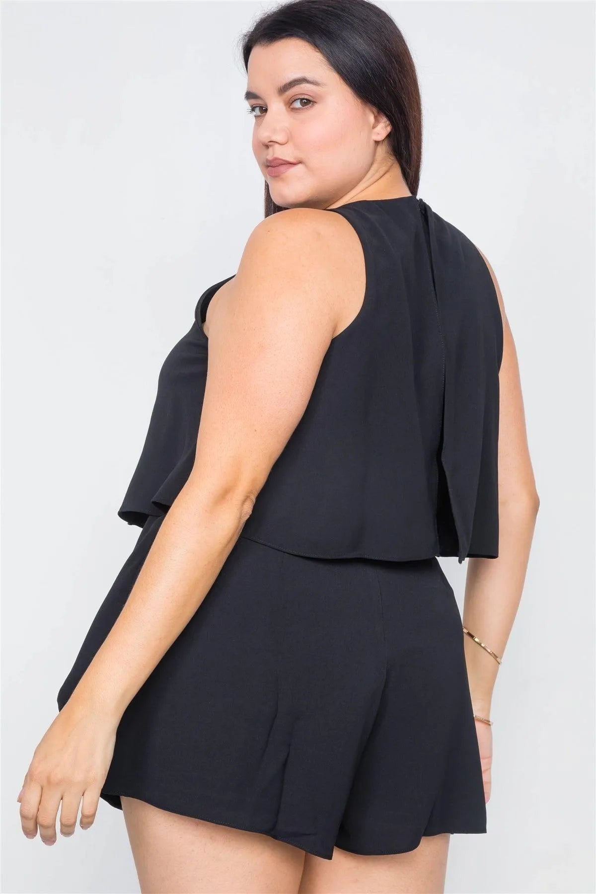 Plus Size Satin Black Layered Frill Mock Cape Sleeveless Short Romper - Tasha Apparel Wholesale