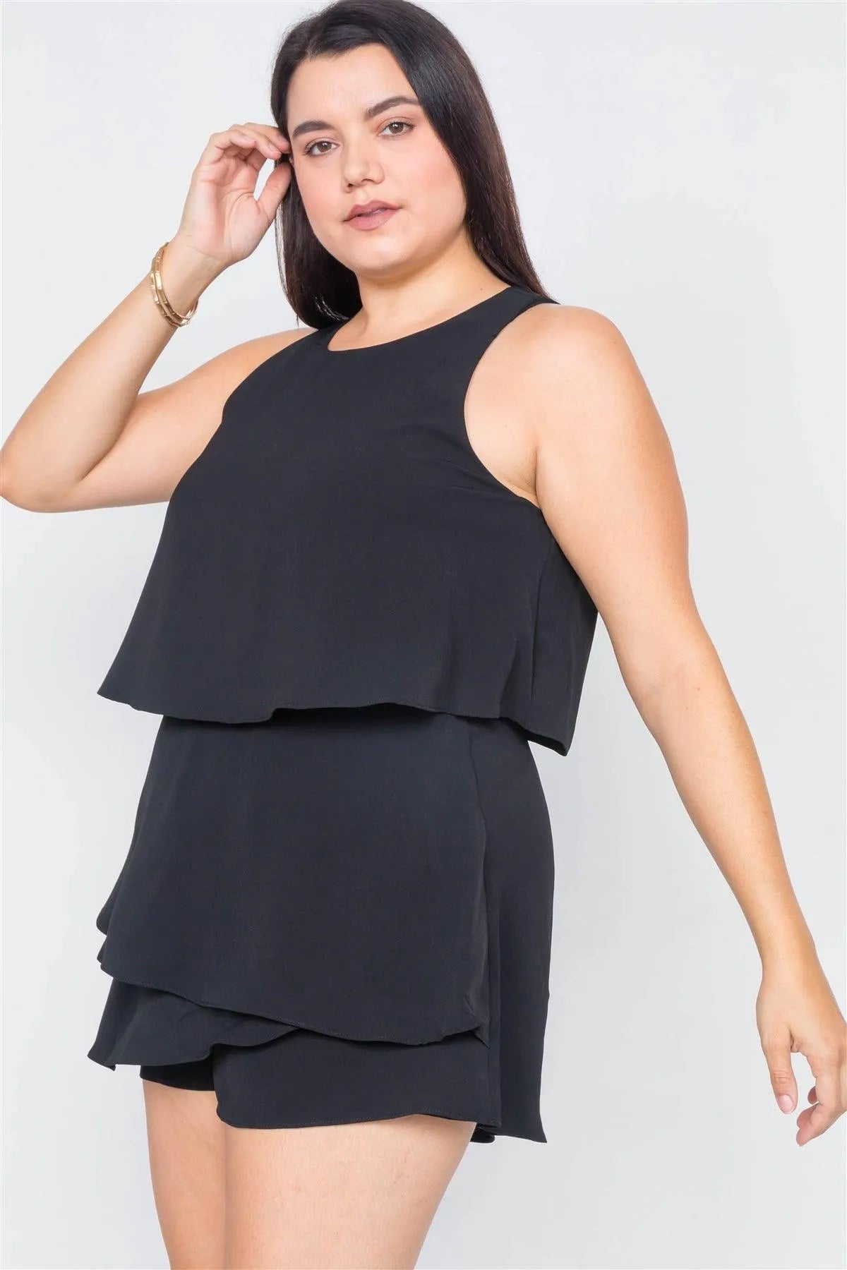 Plus Size Satin Black Layered Frill Mock Cape Sleeveless Short Romper - Tasha Apparel Wholesale