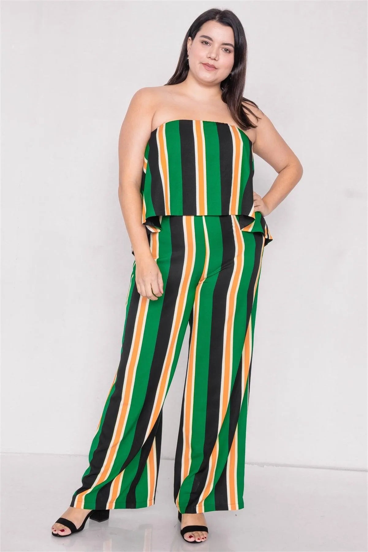 Junior Plus Size Green Multi Stripe Open Back Jumpsuit /3-2-1 - Tasha Apparel Wholesale