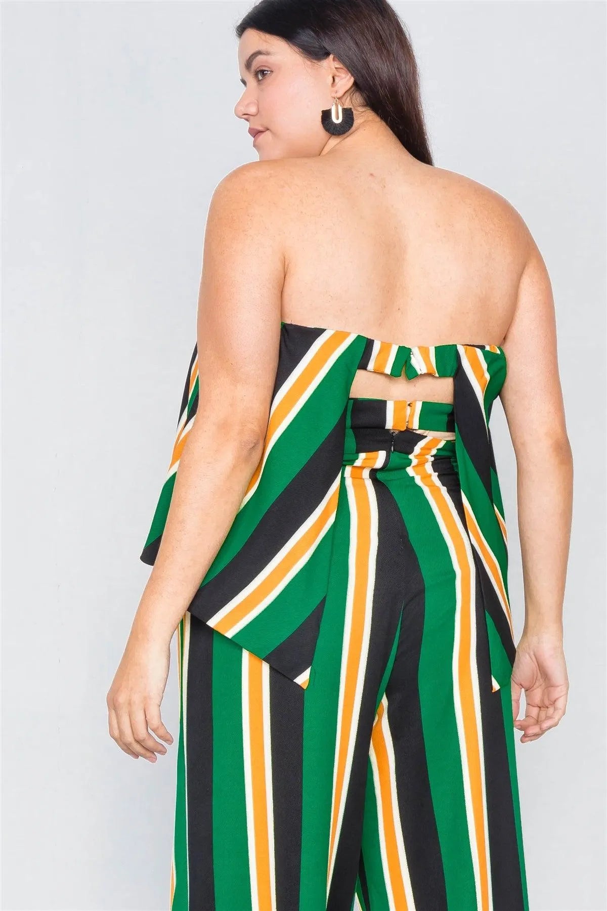 Junior Plus Size Green Multi Stripe Open Back Jumpsuit /3-2-1 - Tasha Apparel Wholesale