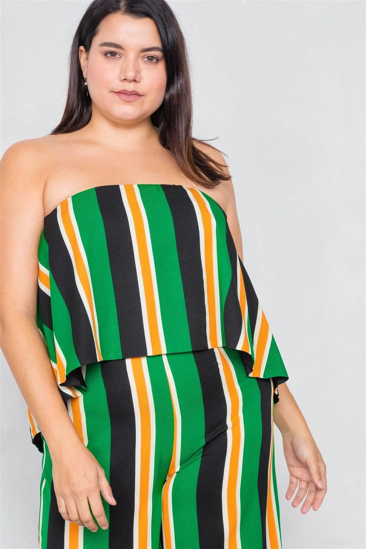 Junior Plus Size Green Multi Stripe Open Back Jumpsuit /3-2-1 - Tasha Apparel Wholesale