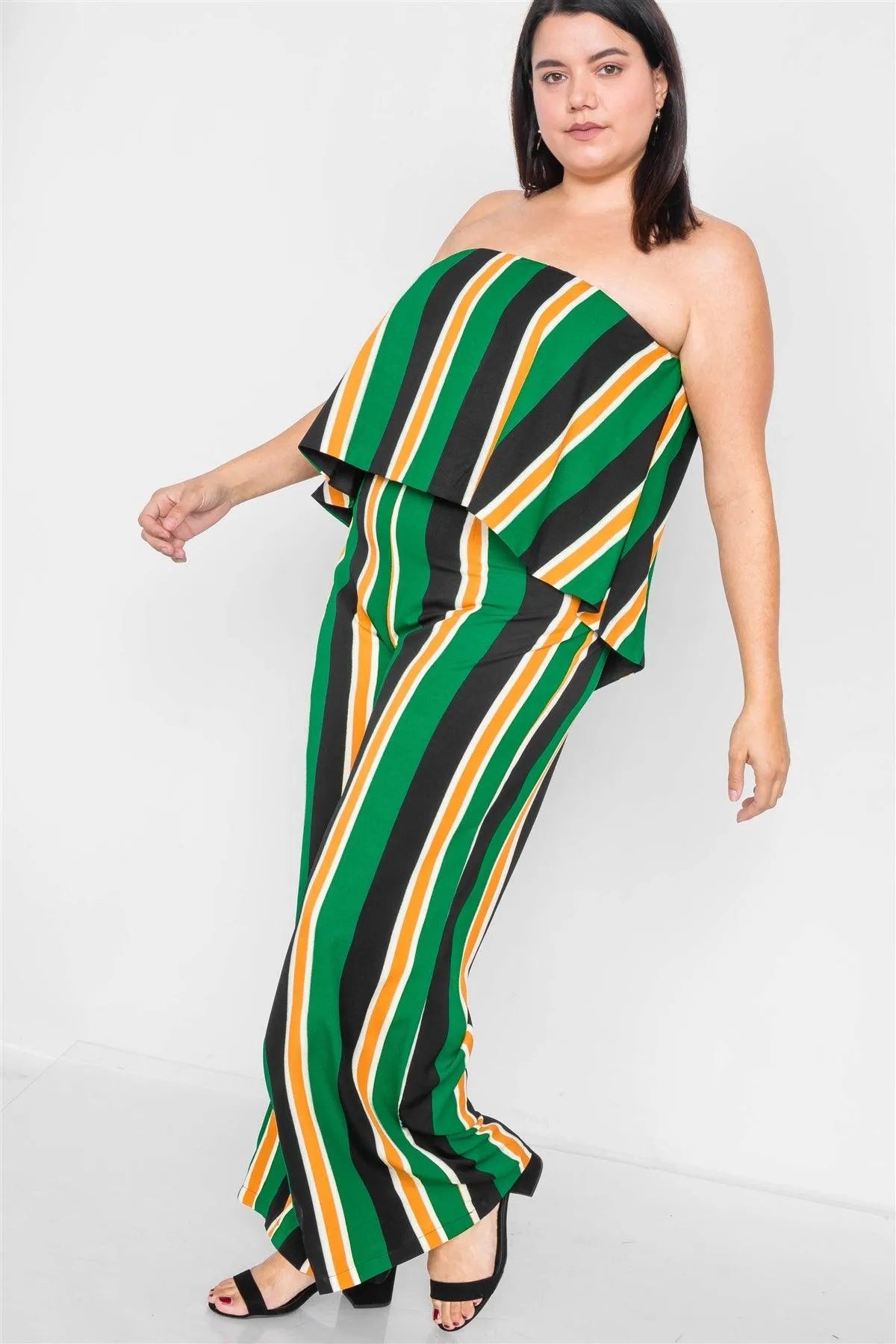 Junior Plus Size Green Multi Stripe Open Back Jumpsuit /3-2-1 - Tasha Apparel Wholesale