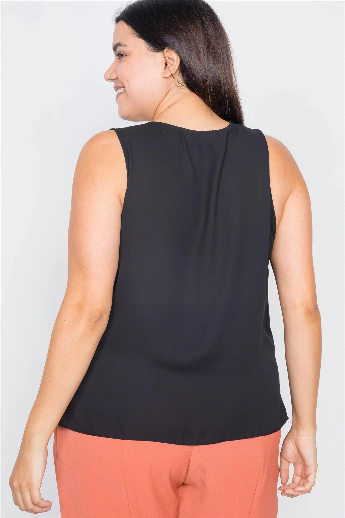 Junior Plus Size Sheer Black Surplus V-neck Chic Sleeveless Blouse /3-2-1 - Tasha Apparel Wholesale