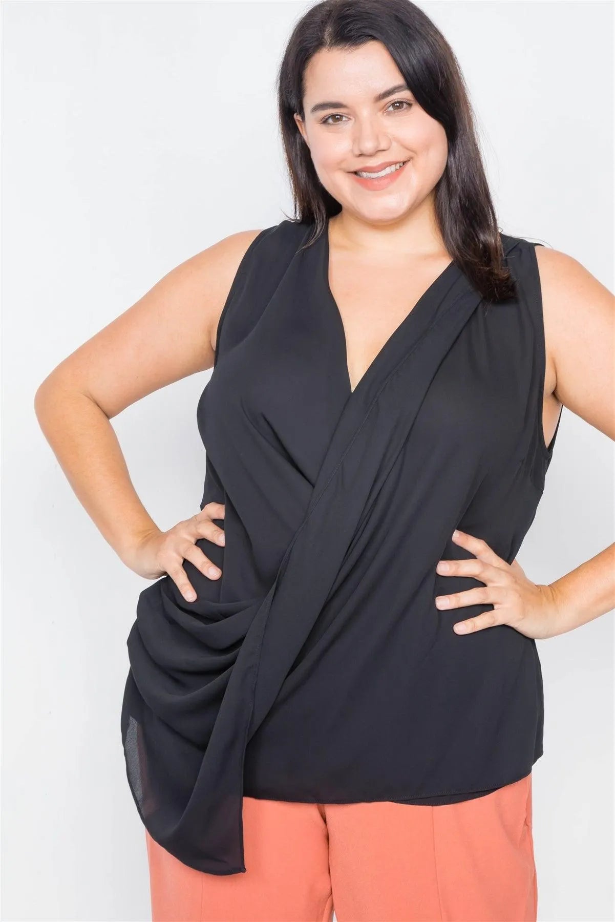 Junior Plus Size Sheer Black Surplus V-neck Chic Sleeveless Blouse /3-2-1 - Tasha Apparel Wholesale