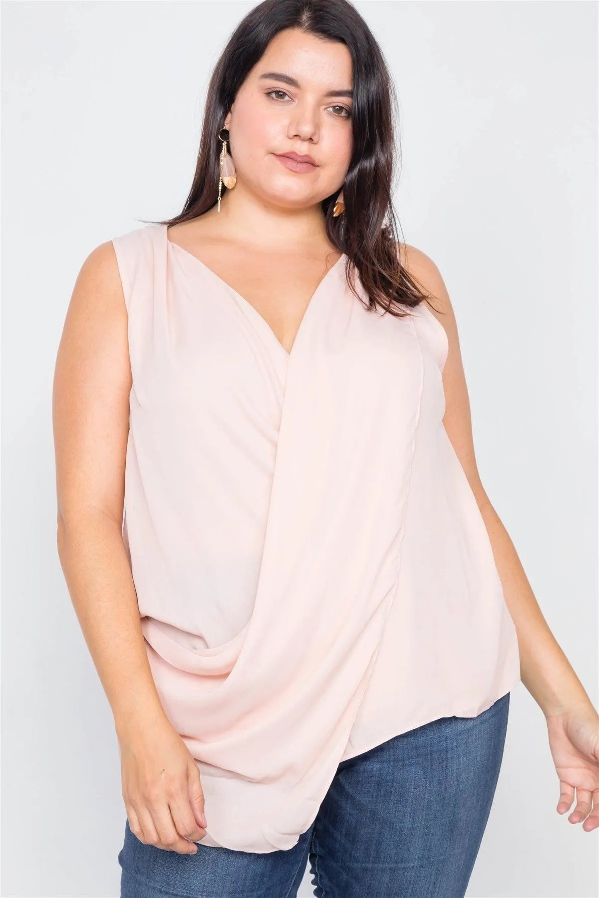 Junior Plus Size Sheer Blush Surplus V-neck Chic Sleeveless Blouse /3-2-1 - Tasha Apparel Wholesale