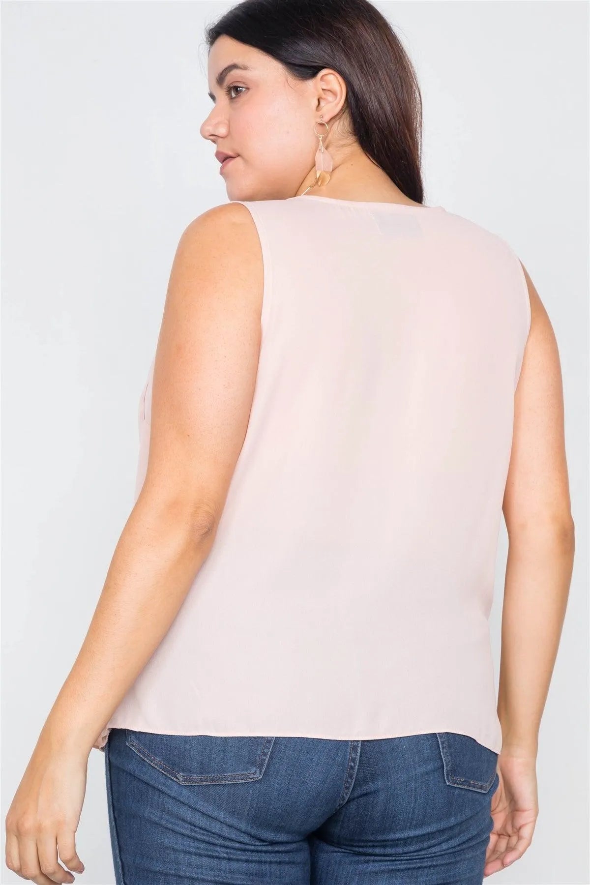 Junior Plus Size Sheer Blush Surplus V-neck Chic Sleeveless Blouse /3-2-1 - Tasha Apparel Wholesale