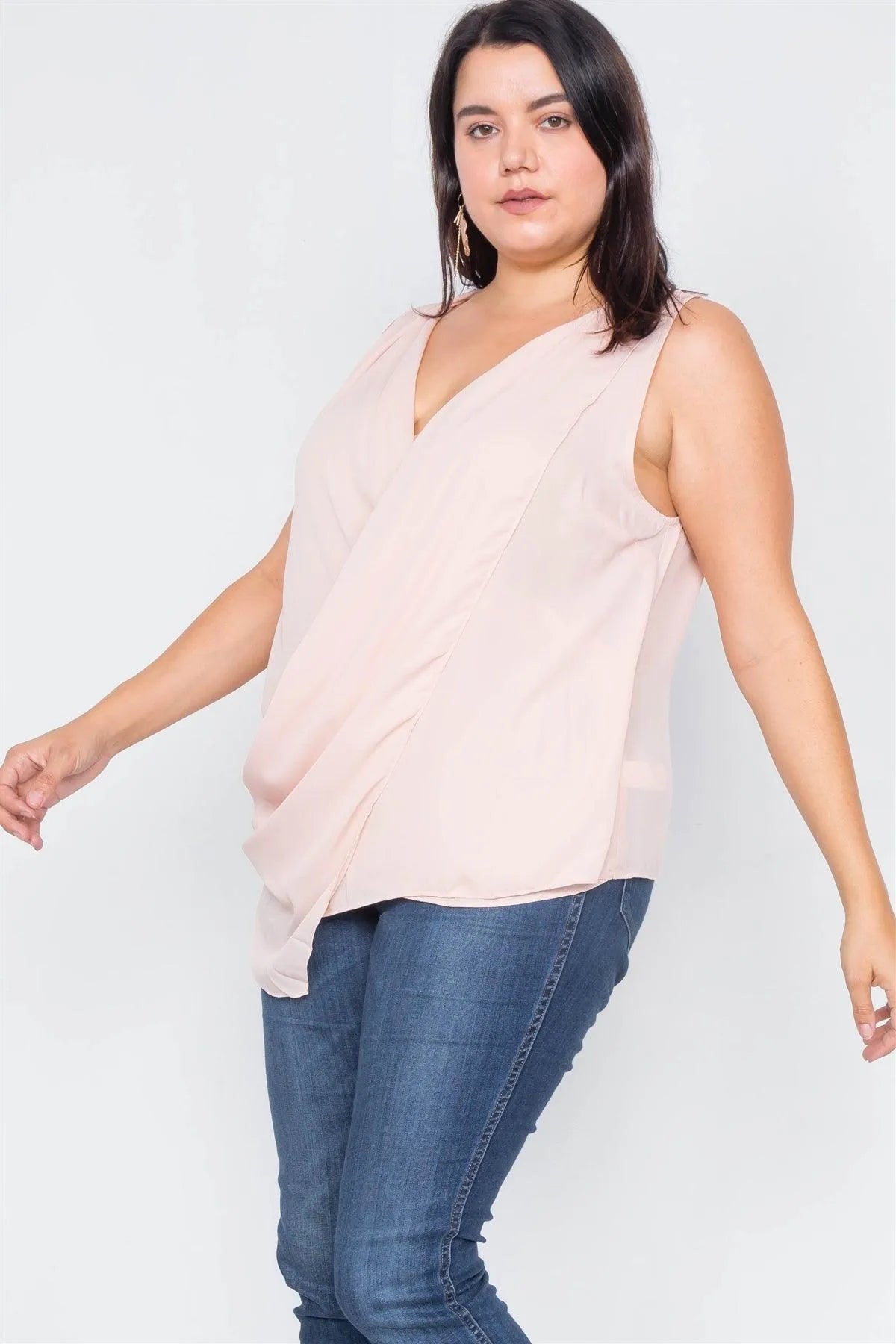 Junior Plus Size Sheer Blush Surplus V-neck Chic Sleeveless Blouse /3-2-1 - Tasha Apparel Wholesale