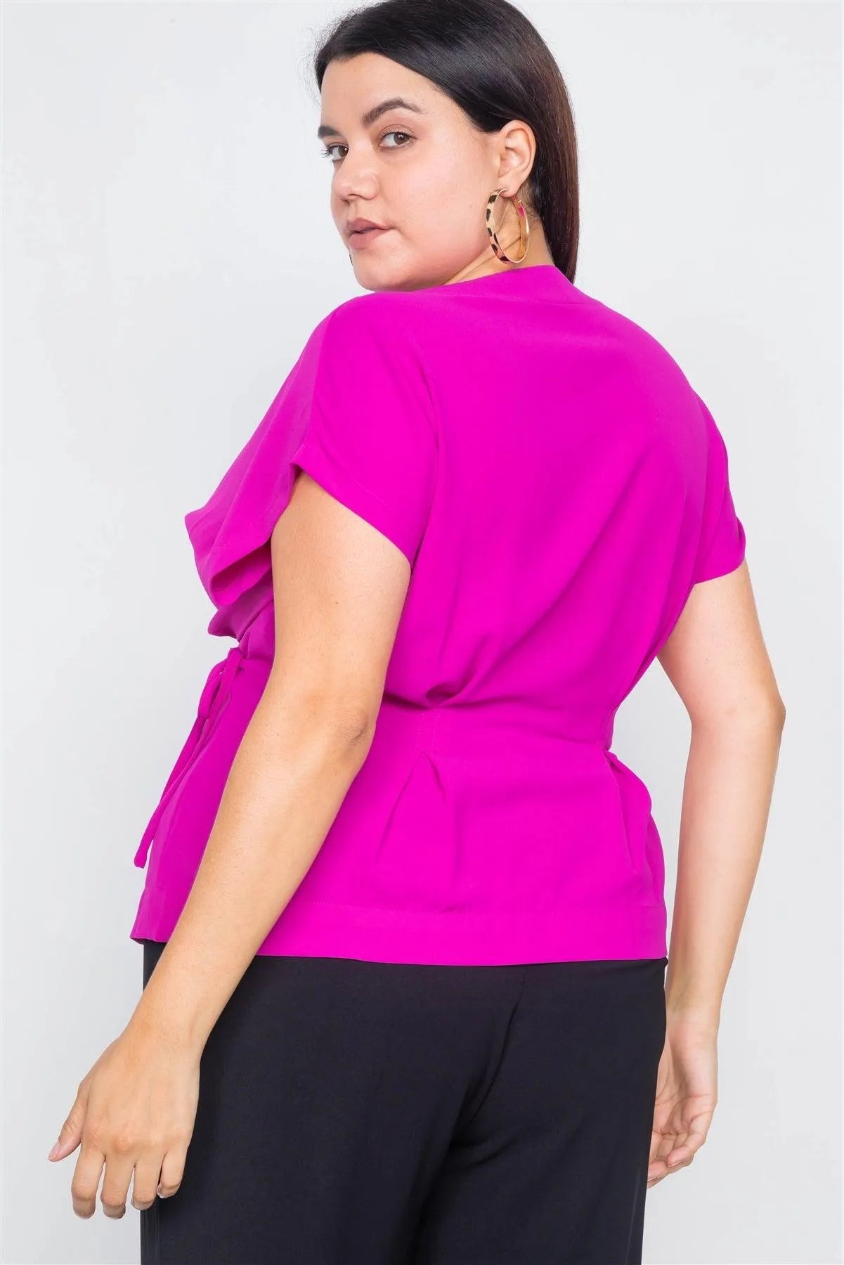 Plus Size Magenta Pleated Wrap V-Neck Top - Tasha Apparel Wholesale