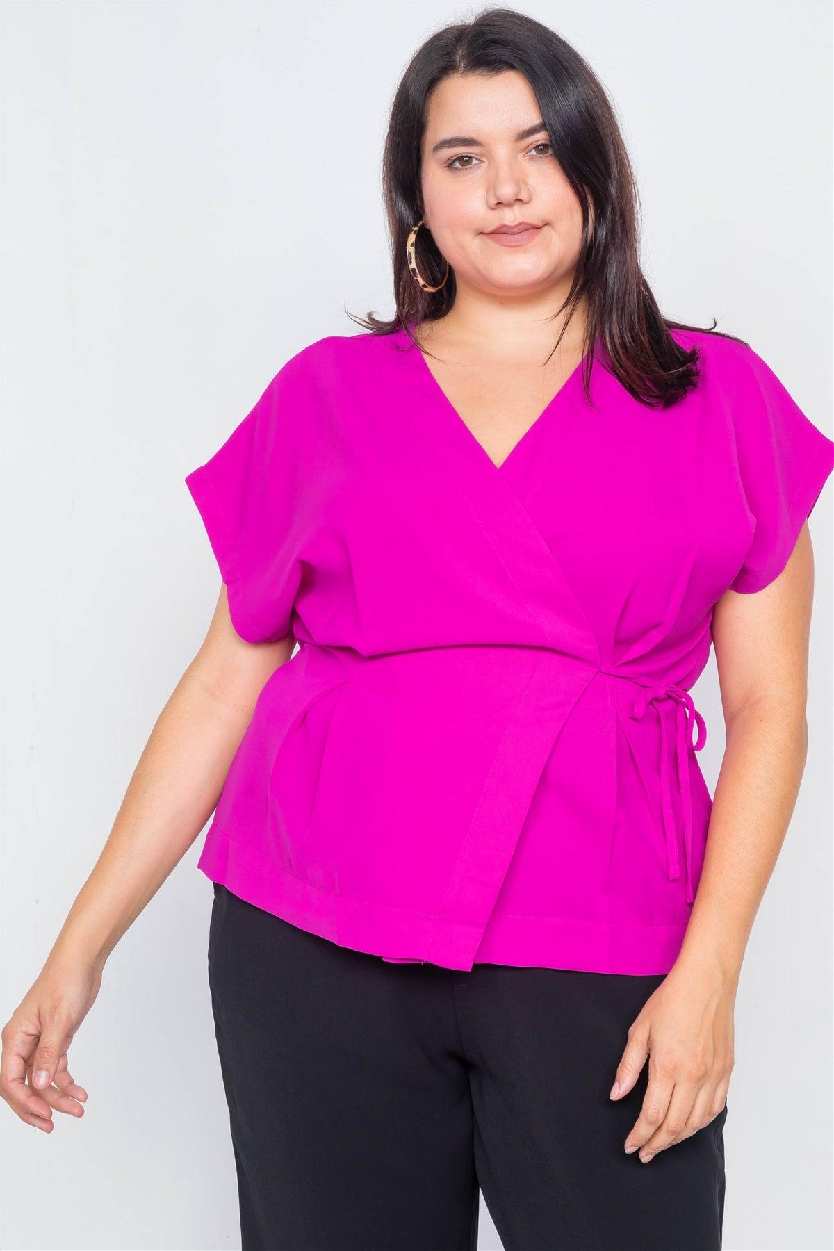 Plus Size Magenta Pleated Wrap V-Neck Top
