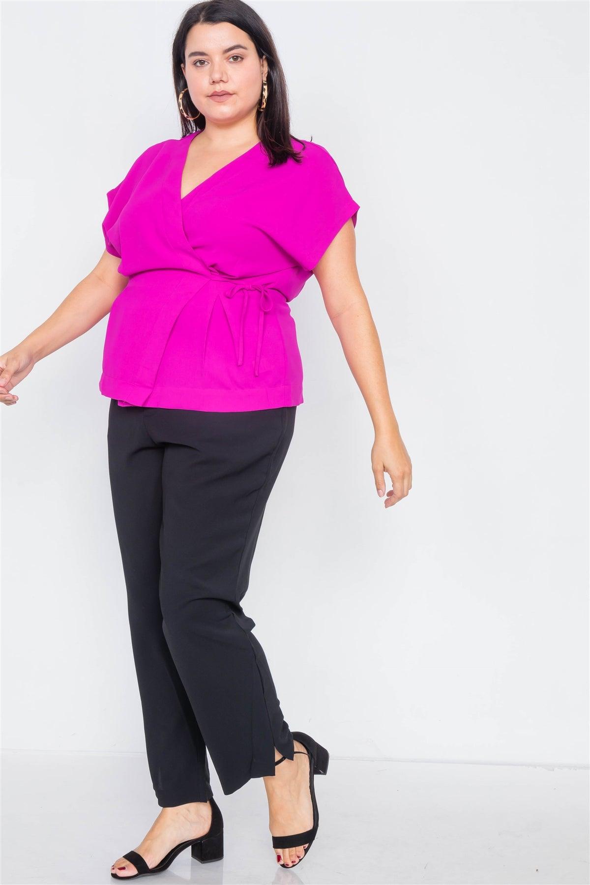 Plus Size Magenta Pleated Wrap V-Neck Top