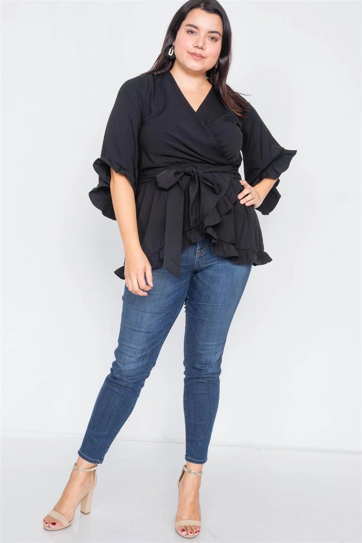 Plus Size Black Mock Wrap V-Neck Open Back Bell Sleeve Top - Tasha Apparel Wholesale