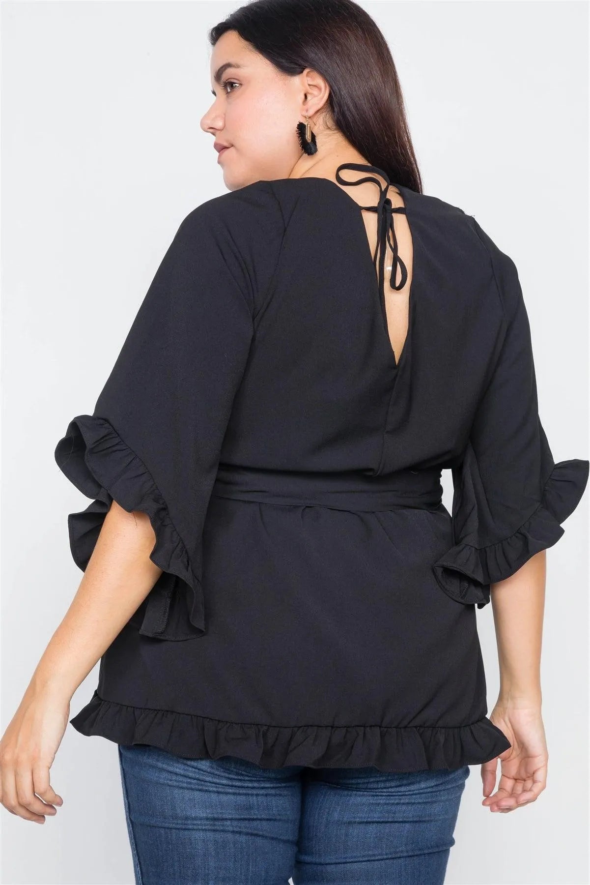 Plus Size Black Mock Wrap V-Neck Open Back Bell Sleeve Top - Tasha Apparel Wholesale