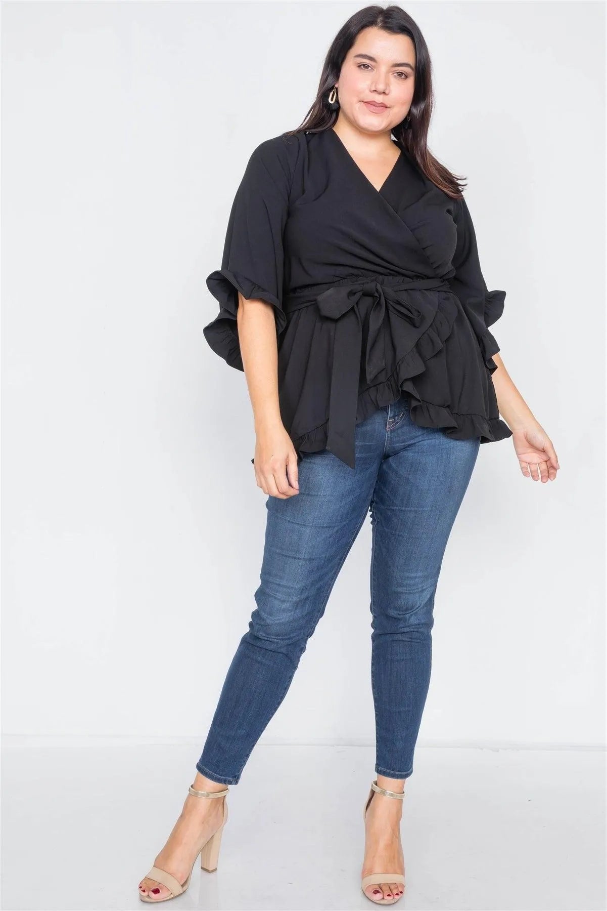 Plus Size Black Mock Wrap V-Neck Open Back Bell Sleeve Top - Tasha Apparel Wholesale