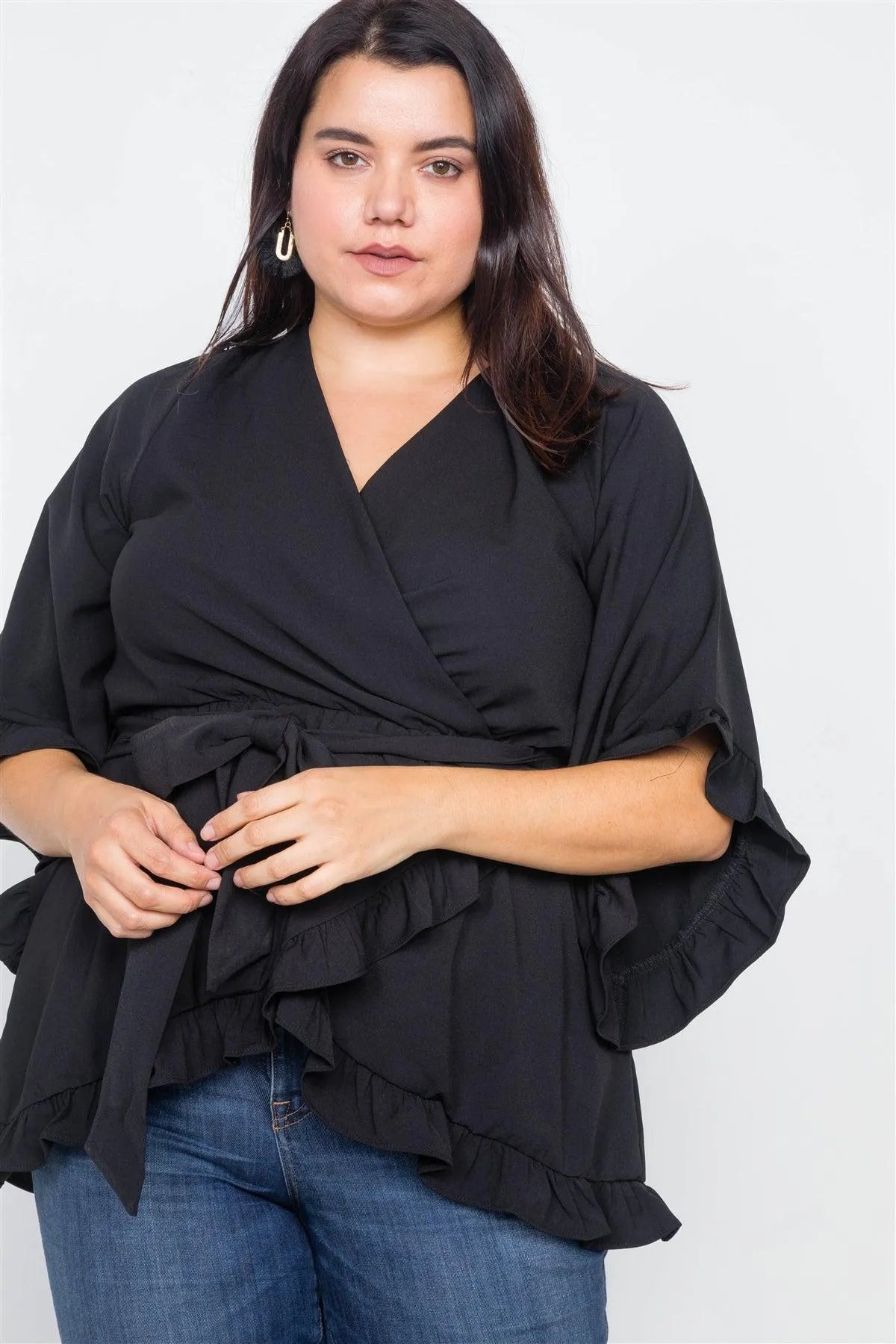 Plus Size Black Mock Wrap V-Neck Open Back Bell Sleeve Top - Tasha Apparel Wholesale