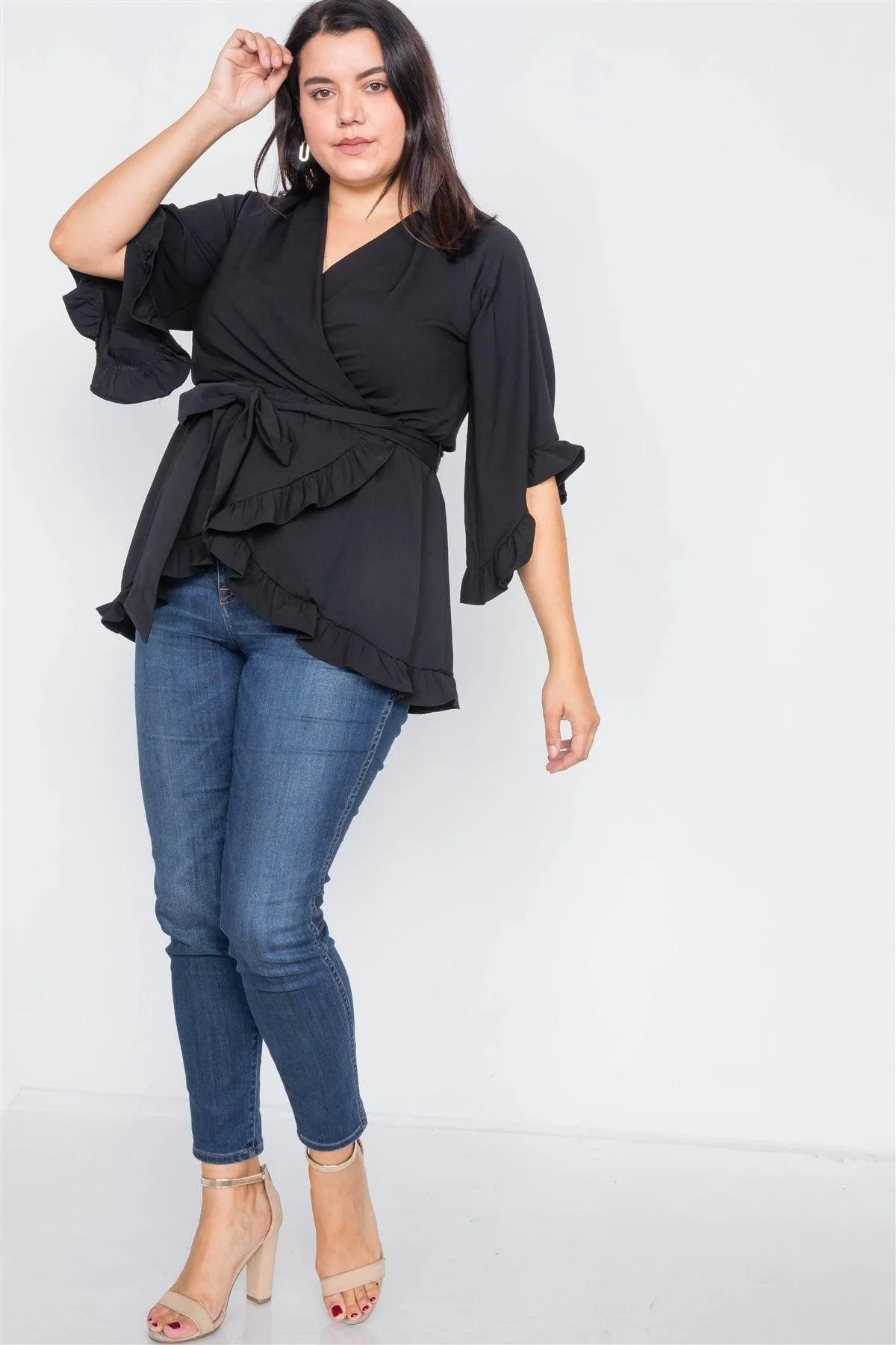 Plus Size Black Mock Wrap V-Neck Open Back Bell Sleeve Top - Tasha Apparel Wholesale