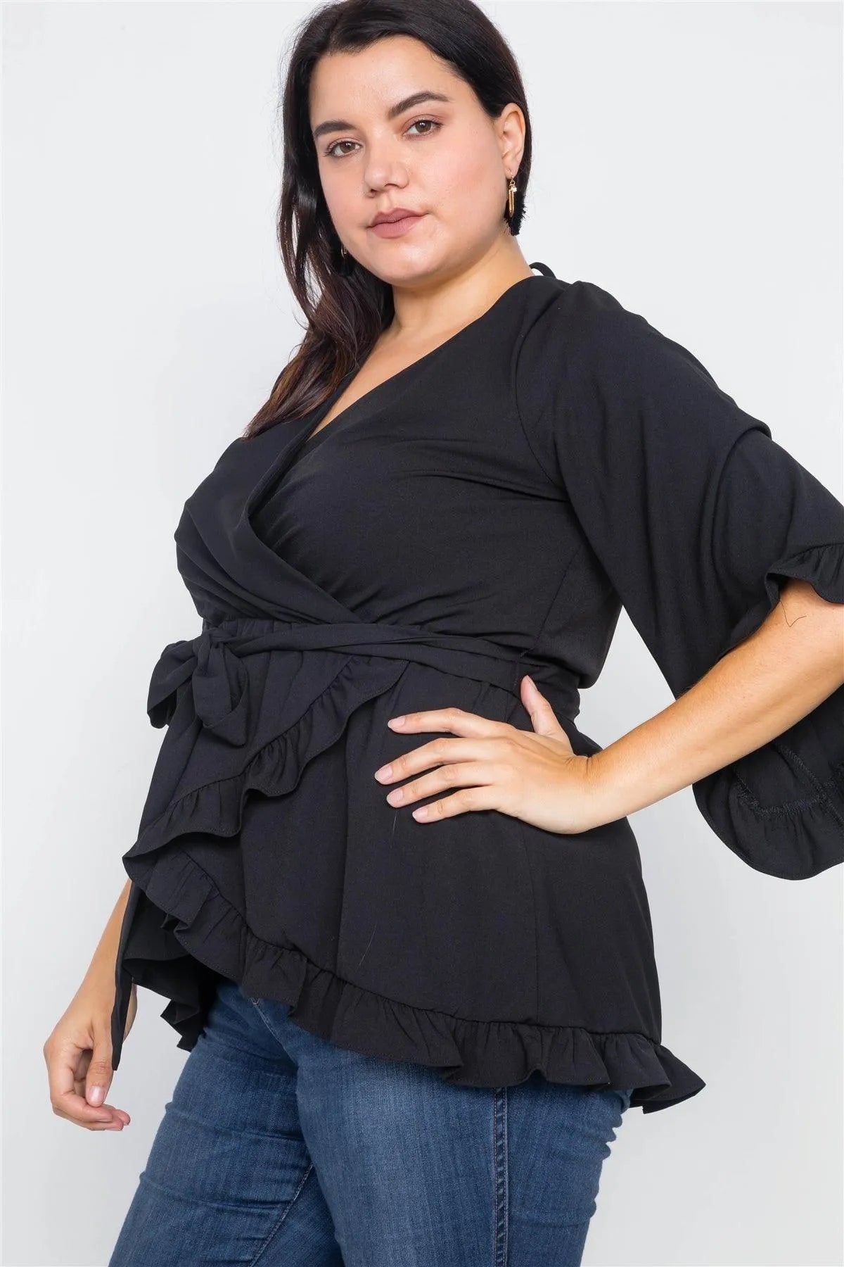 Plus Size Black Mock Wrap V-Neck Open Back Bell Sleeve Top - Tasha Apparel Wholesale