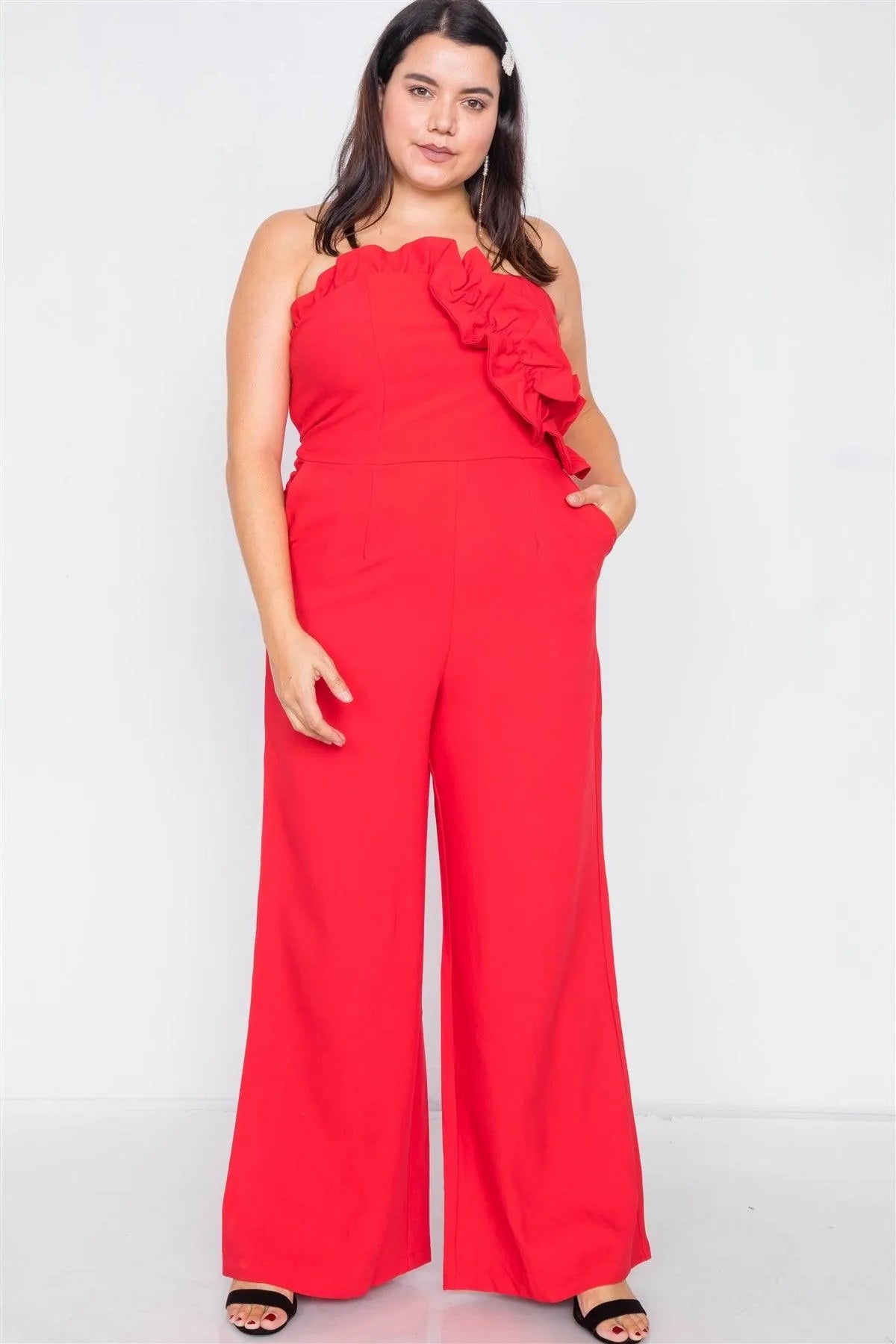 Plus Size Red Sleeveless Flounce Trim Maxi Wide Led Jumpsuit /2-2-1 - Tasha Apparel Wholesale