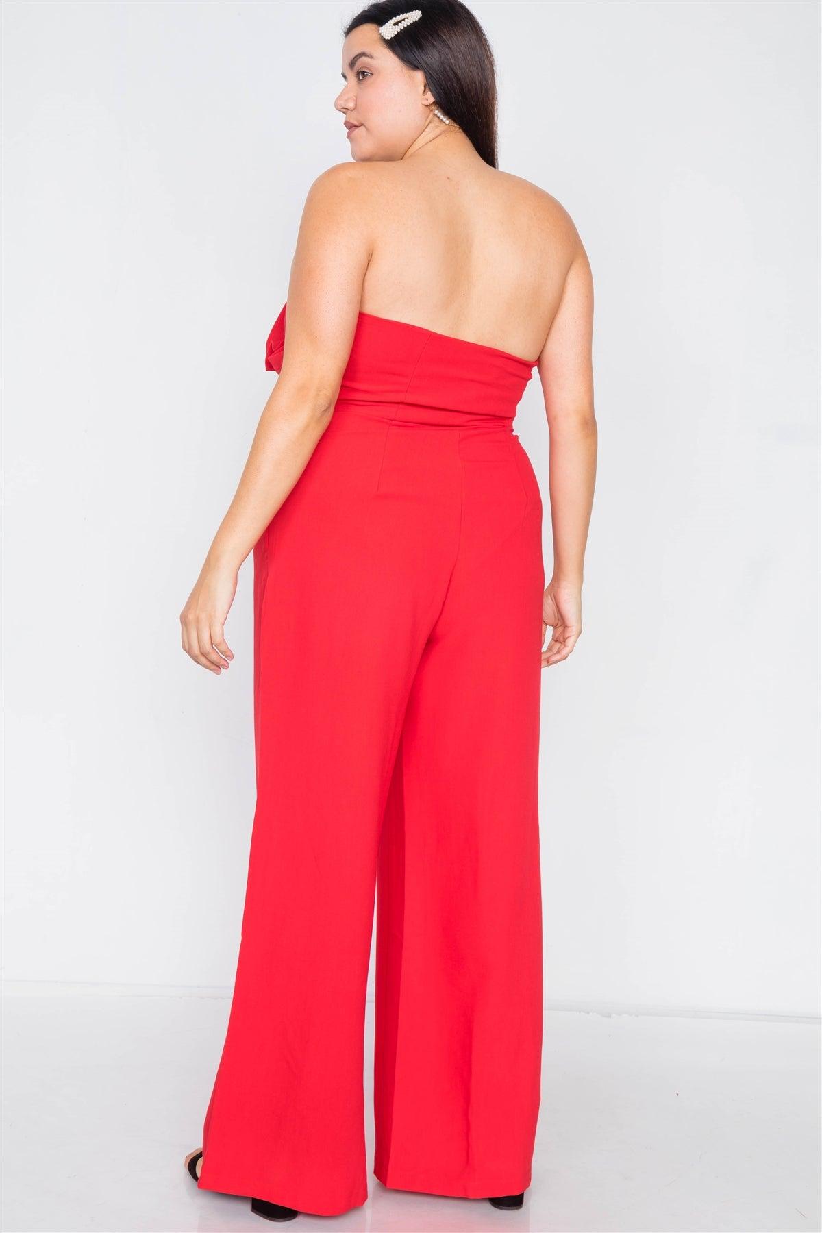Plus Size Red Sleeveless Flounce Trim Maxi Wide Led Jumpsuit /2-2-1